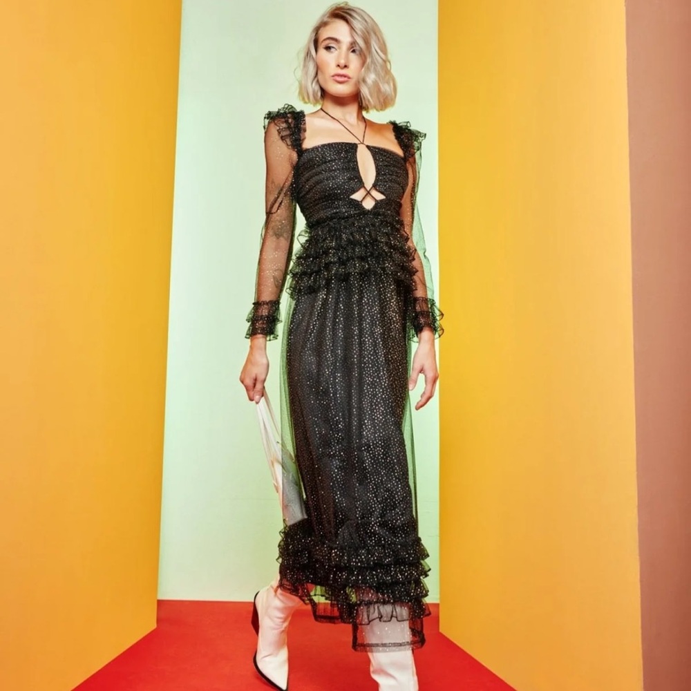 CeliaB Black Sheer Long Sleeve Midi Dress with Ruffle Details